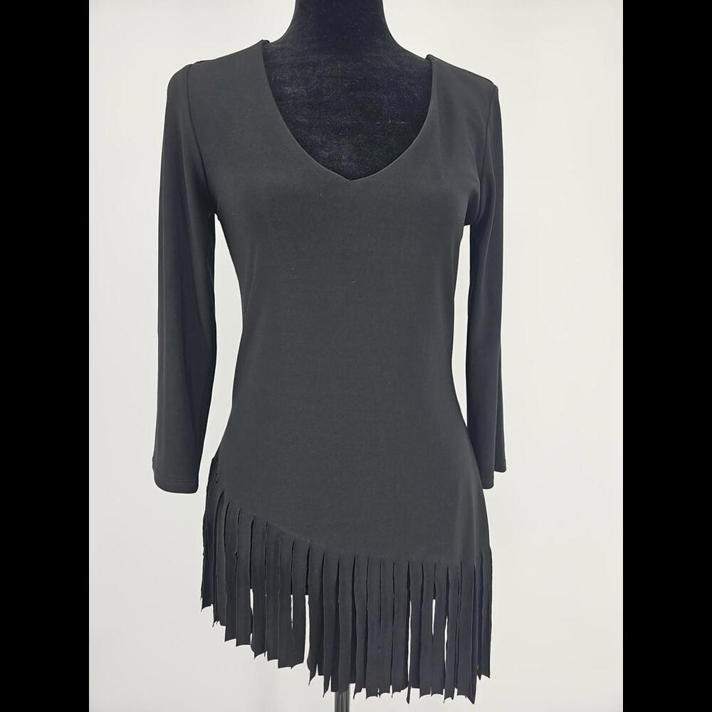 Joseph Ribkoff Black Fringed Top 6 Wide Neckline Knit High‎ Low Hem
